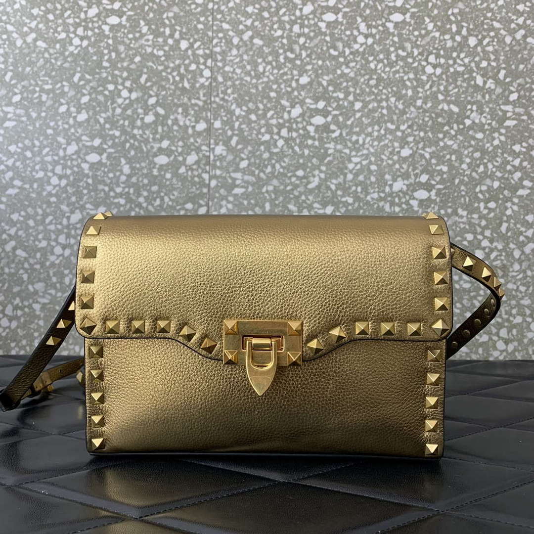 Valentino 5W2B0181VSF_0NO Small Rockstud Grainy Calfskin Crossbody Bag Black Gold