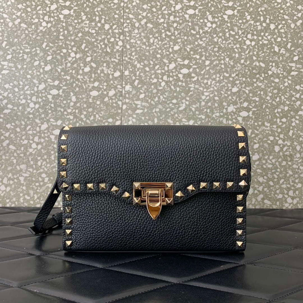 Valentino 5W2B0181VSF_0NO Small Rockstud Grainy Calfskin Crossbody Bag Black Gold