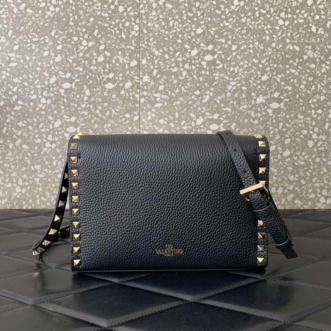 Valentino 5W2B0181VSF_0NO Small Rockstud Grainy Calfskin Crossbody Bag Black Gold