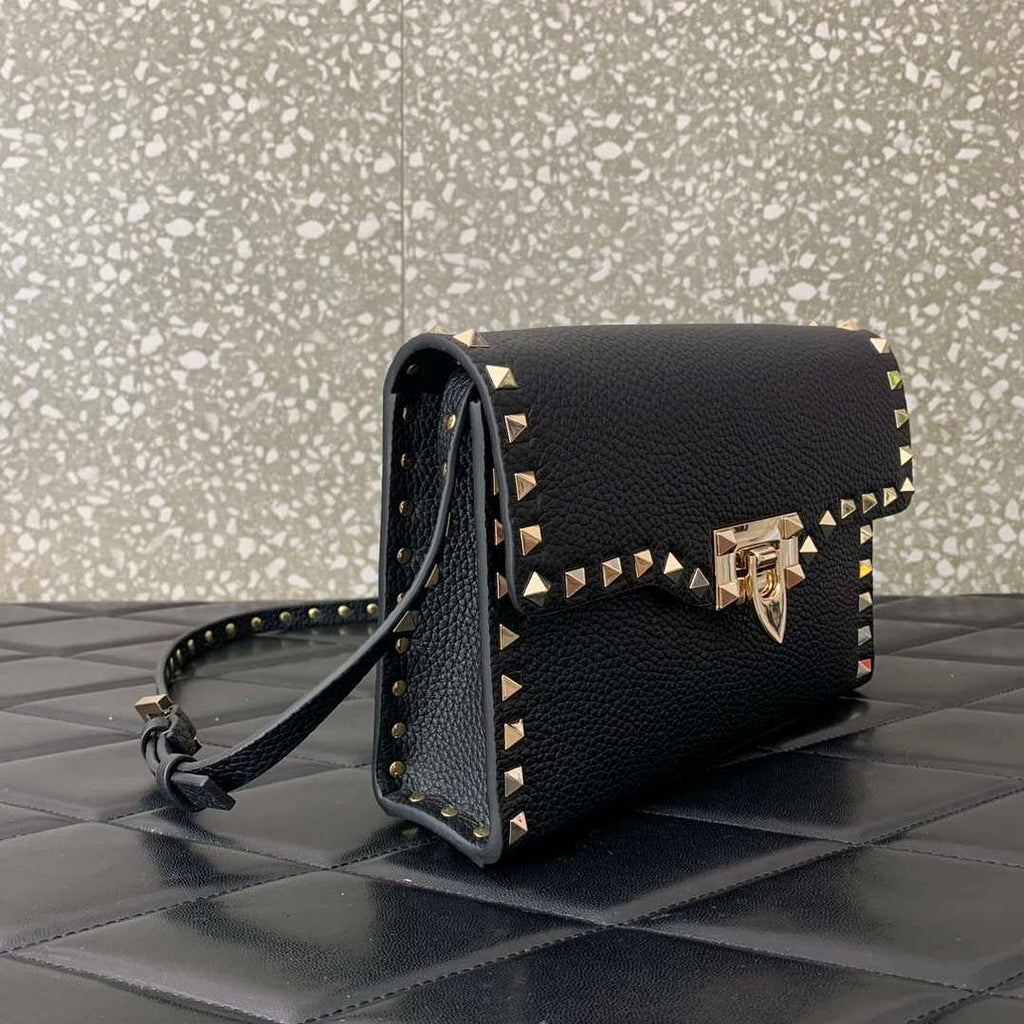 Valentino 5W2B0181VSF_0NO Small Rockstud Grainy Calfskin Crossbody Bag Black Gold