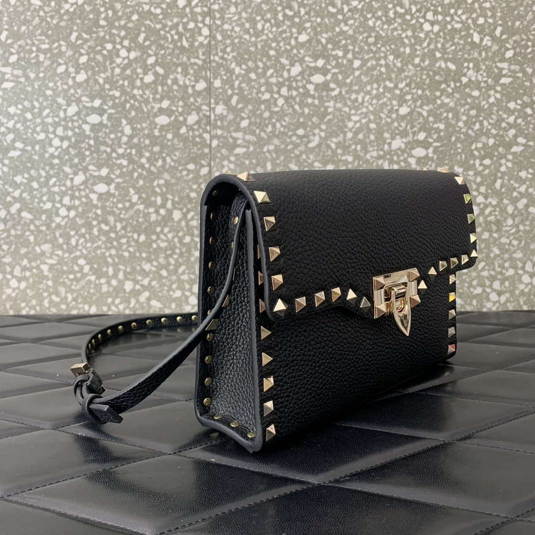 Valentino 5W2B0181VSF_0NO Small Rockstud Grainy Calfskin Crossbody Bag Black Gold