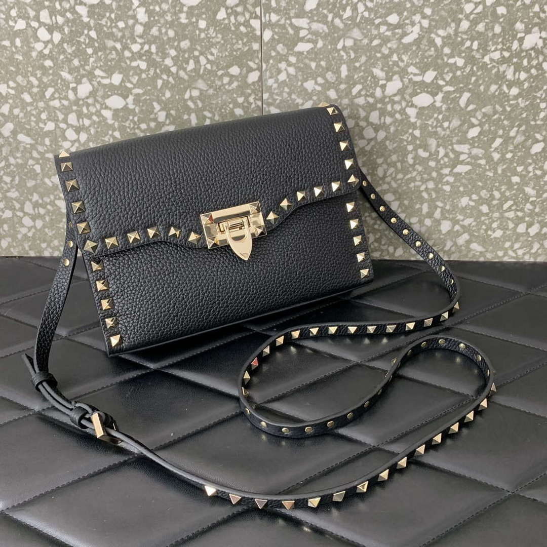 Valentino 5W2B0181VSF_0NO Small Rockstud Grainy Calfskin Crossbody Bag Black Gold - Pink - View 15