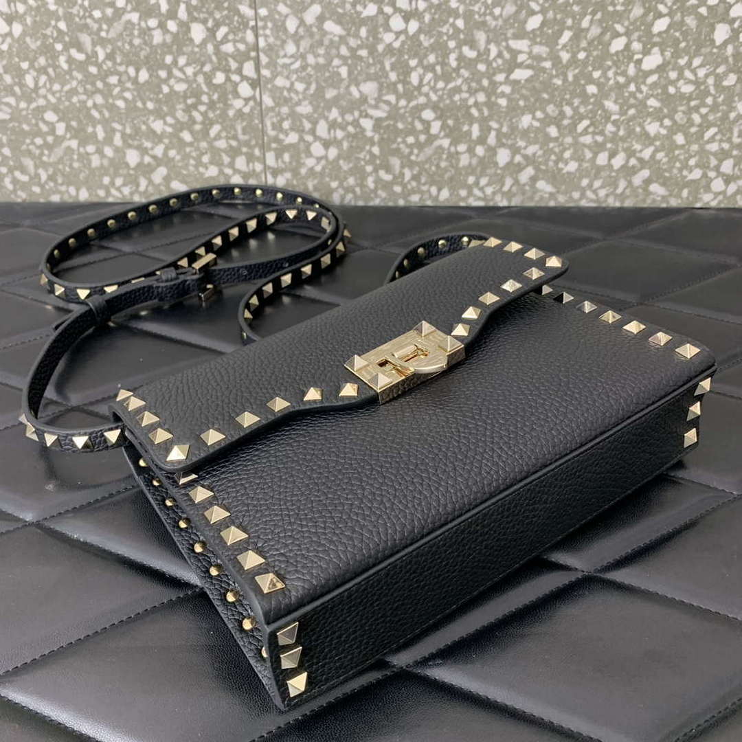 Valentino 5W2B0181VSF_0NO Small Rockstud Grainy Calfskin Crossbody Bag Black Gold