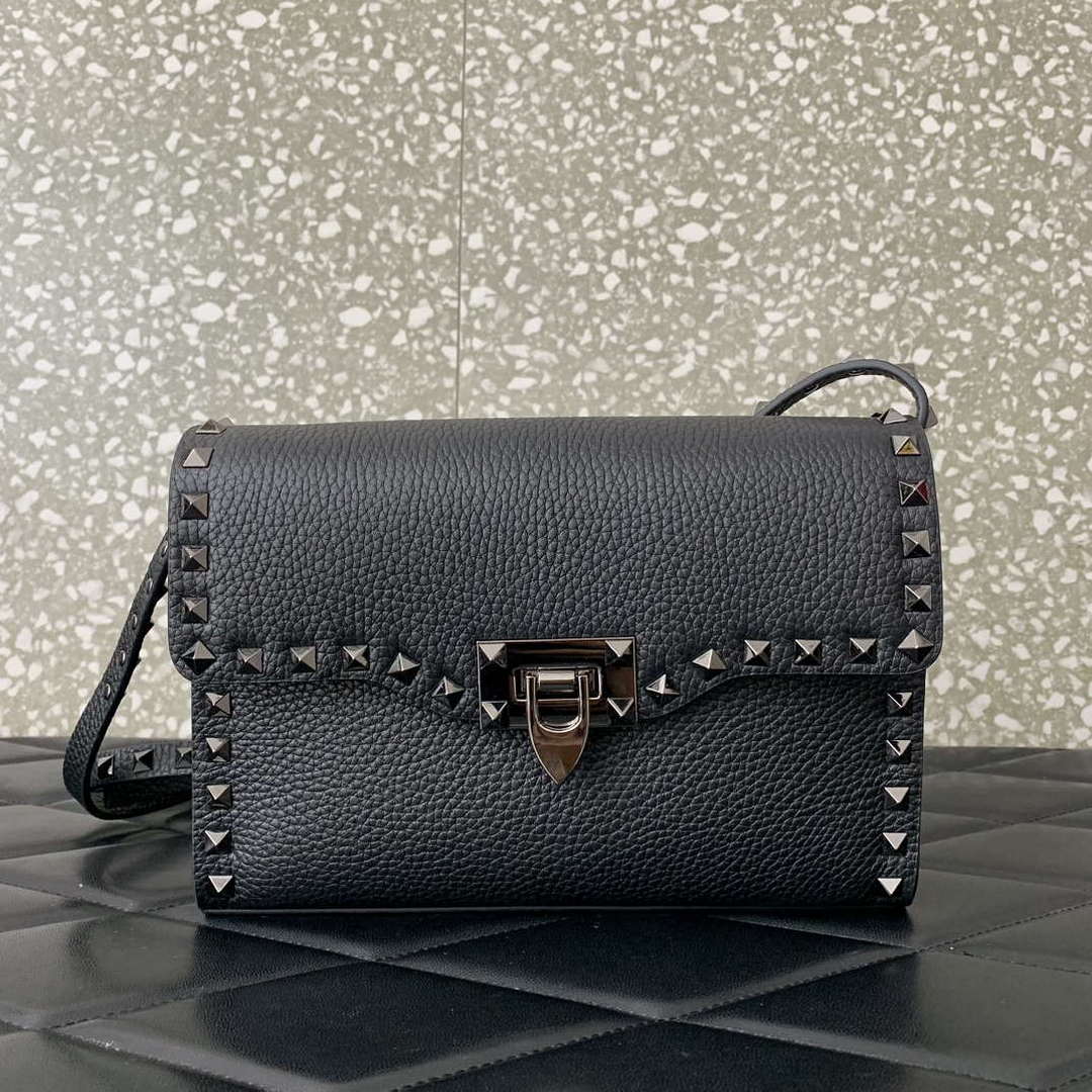 Valentino 5W2B0181VSF_0NO Small Rockstud Grainy Calfskin Crossbody Bag Black Gold