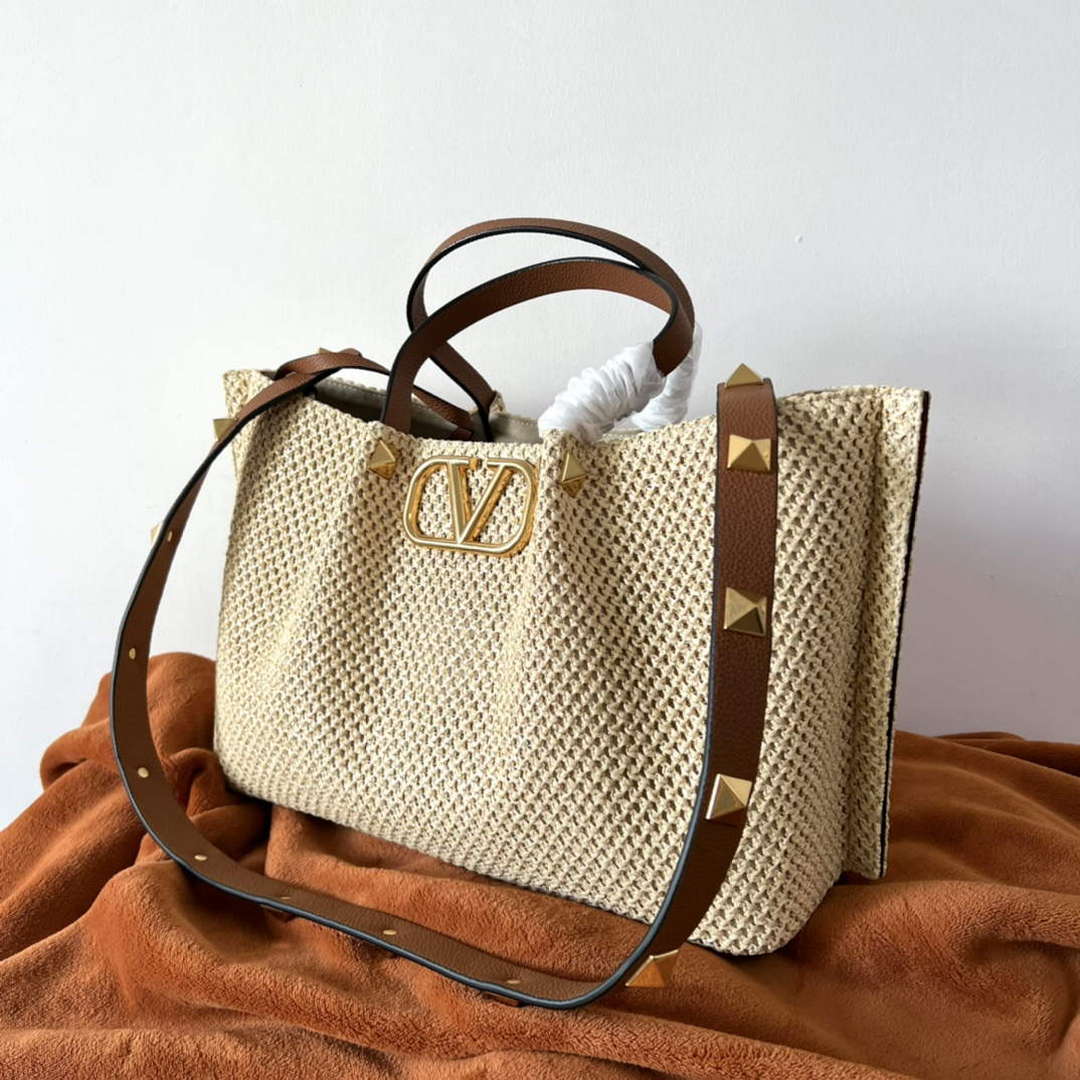 Valentino 5W2B0K39YCE Medium Straw Summer Tote Bag Beige