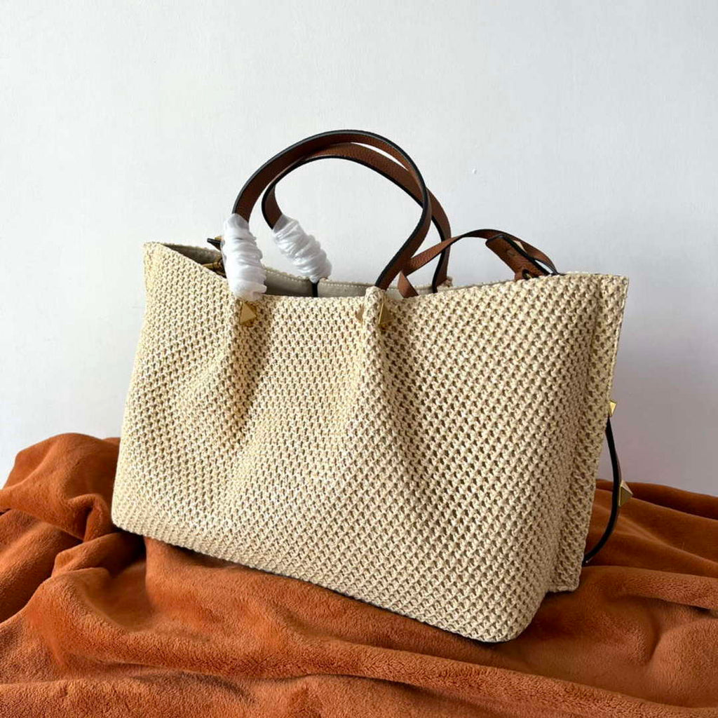 Valentino 5W2B0K39YCE Medium Straw Summer Tote Bag Beige