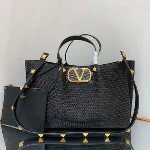Valentino 5W2B0K39YCE Medium Straw Summer Tote Bag Black - Default Title - View 1