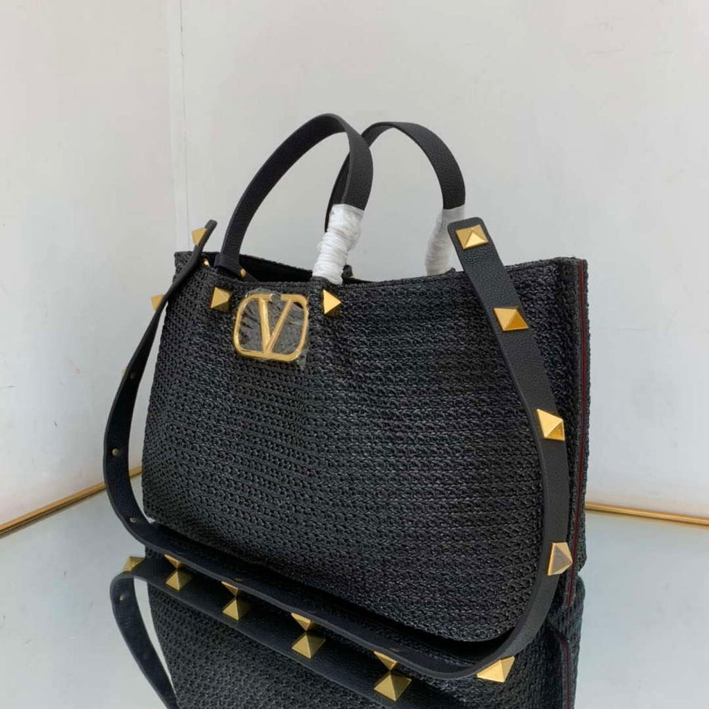 Valentino 5W2B0K39YCE Medium Straw Summer Tote Bag Black
