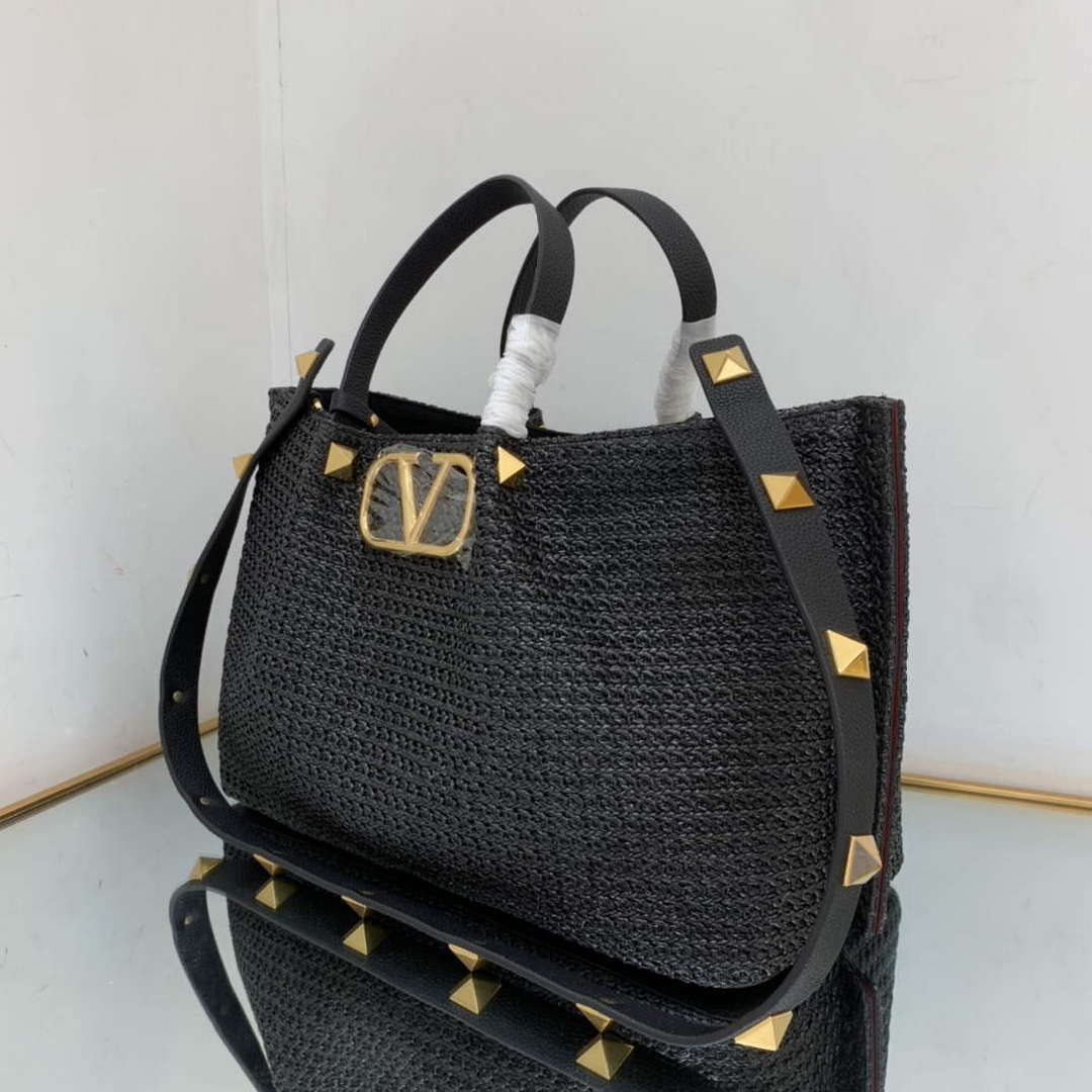 Valentino 5W2B0K39YCE Medium Straw Summer Tote Bag Black