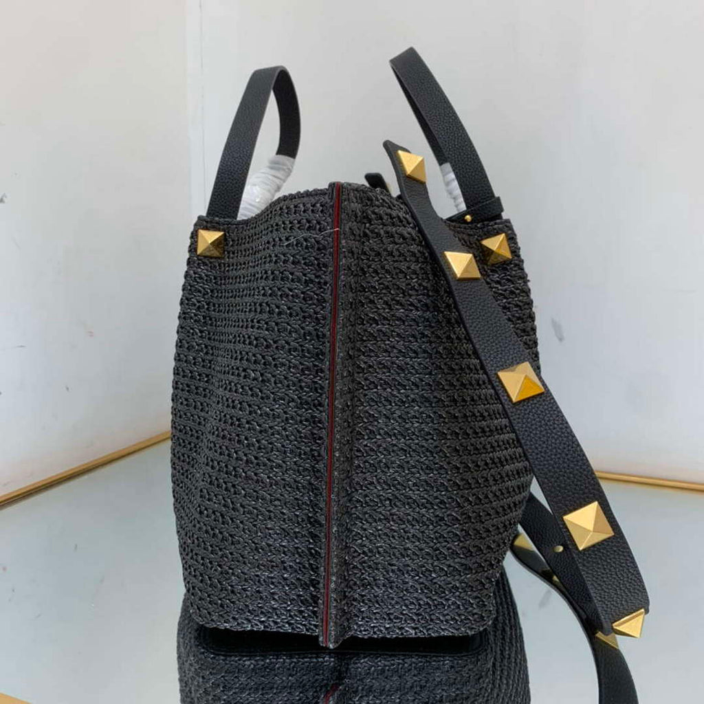 Valentino 5W2B0K39YCE Medium Straw Summer Tote Bag Black