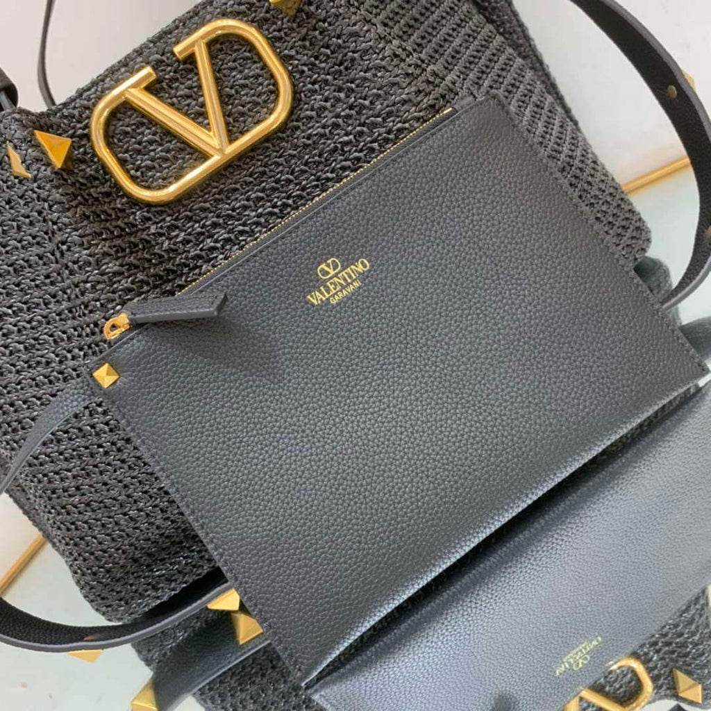 Valentino 5W2B0K39YCE Medium Straw Summer Tote Bag Black
