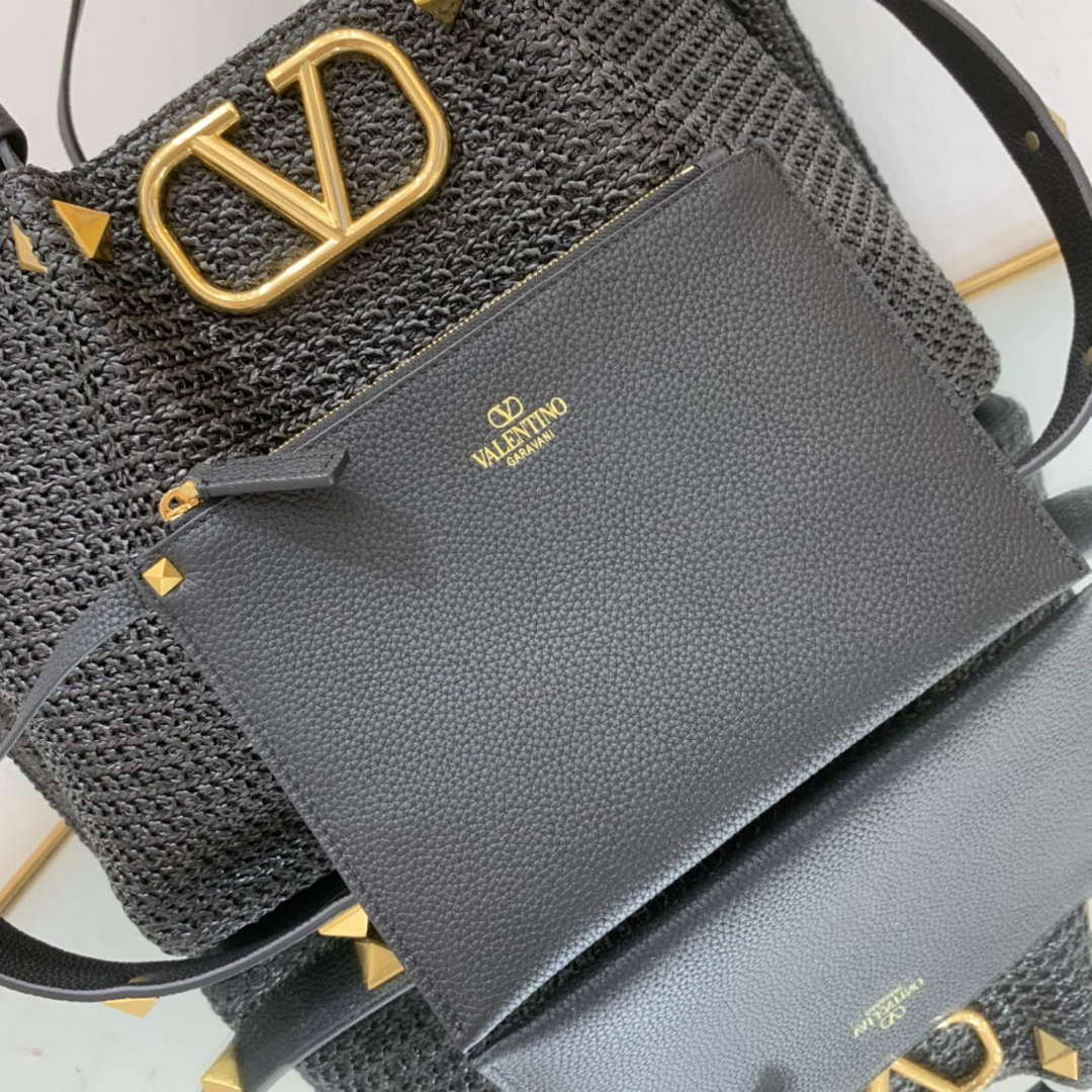Valentino 5W2B0K39YCE Medium Straw Summer Tote Bag Black