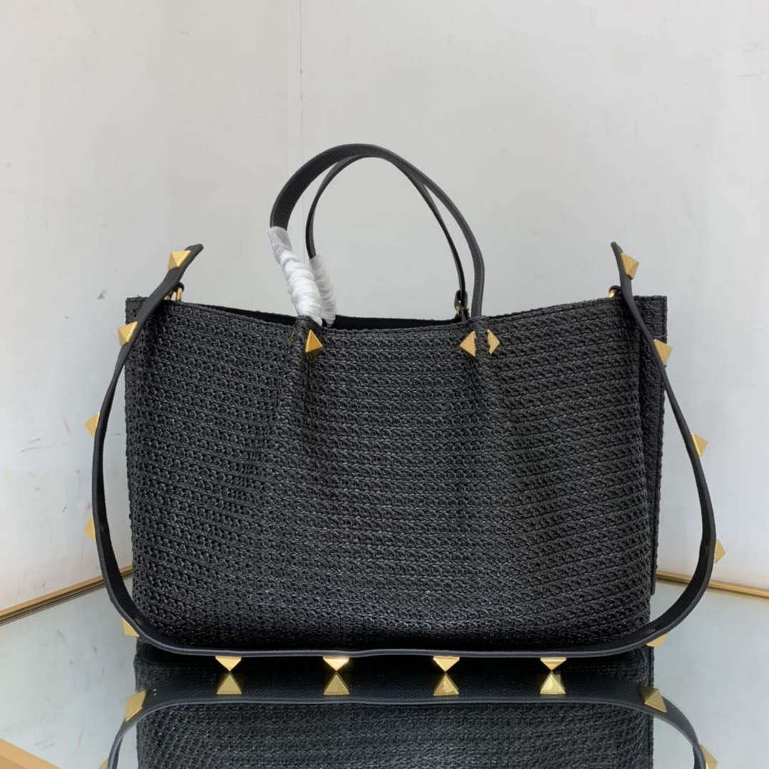 Valentino 5W2B0K39YCE Medium Straw Summer Tote Bag Black