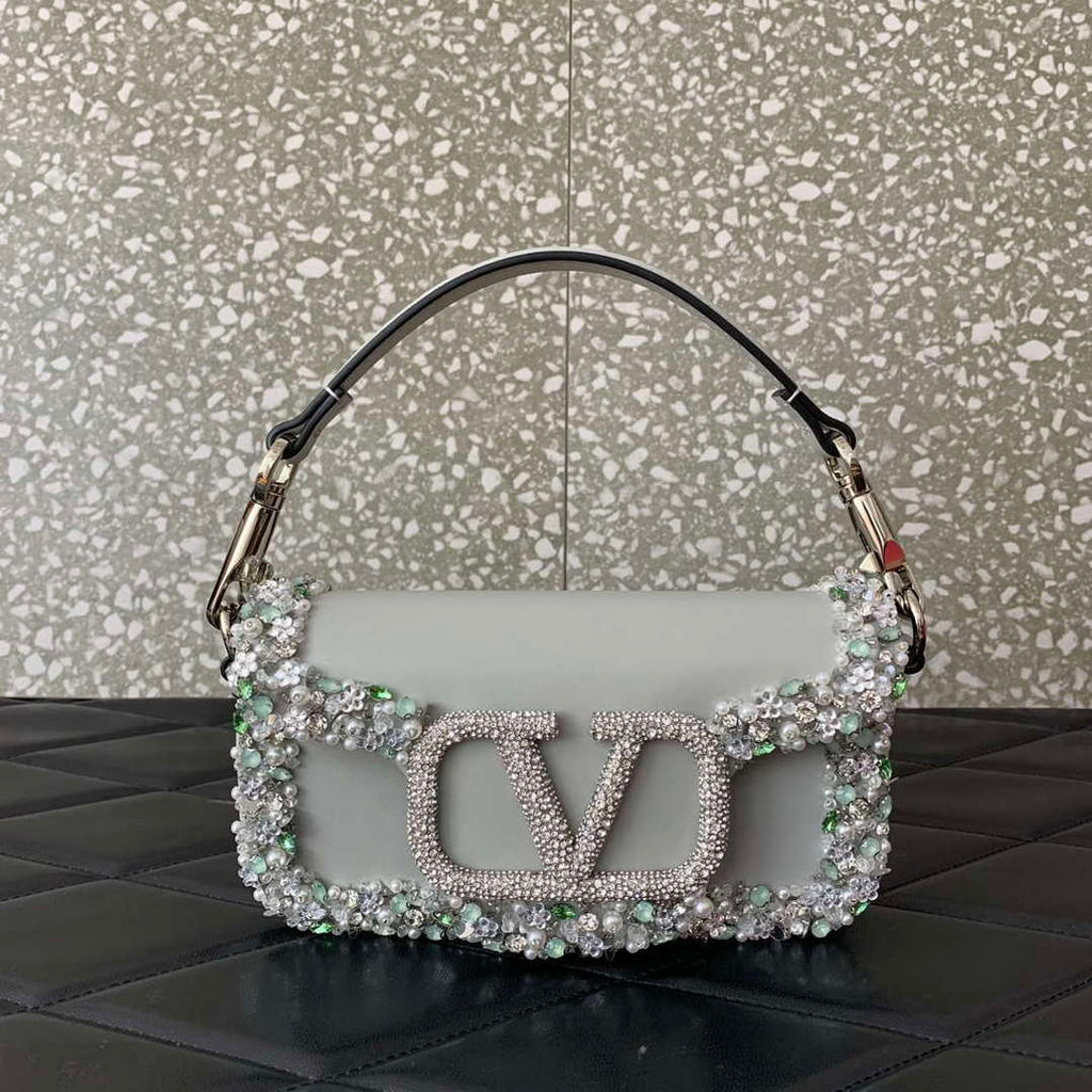 Valentino 5W2B0N86NKG_ZF7 Valentino Garavani Loc¨° Small Embroidered Shoulder Bag Gray
