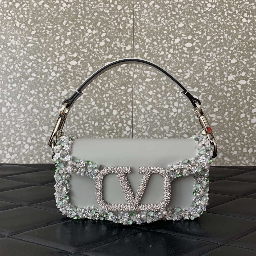 Valentino 5W2B0N86NKG_ZF7 Valentino Garavani Loc¨° Small Embroidered Shoulder Bag Gray