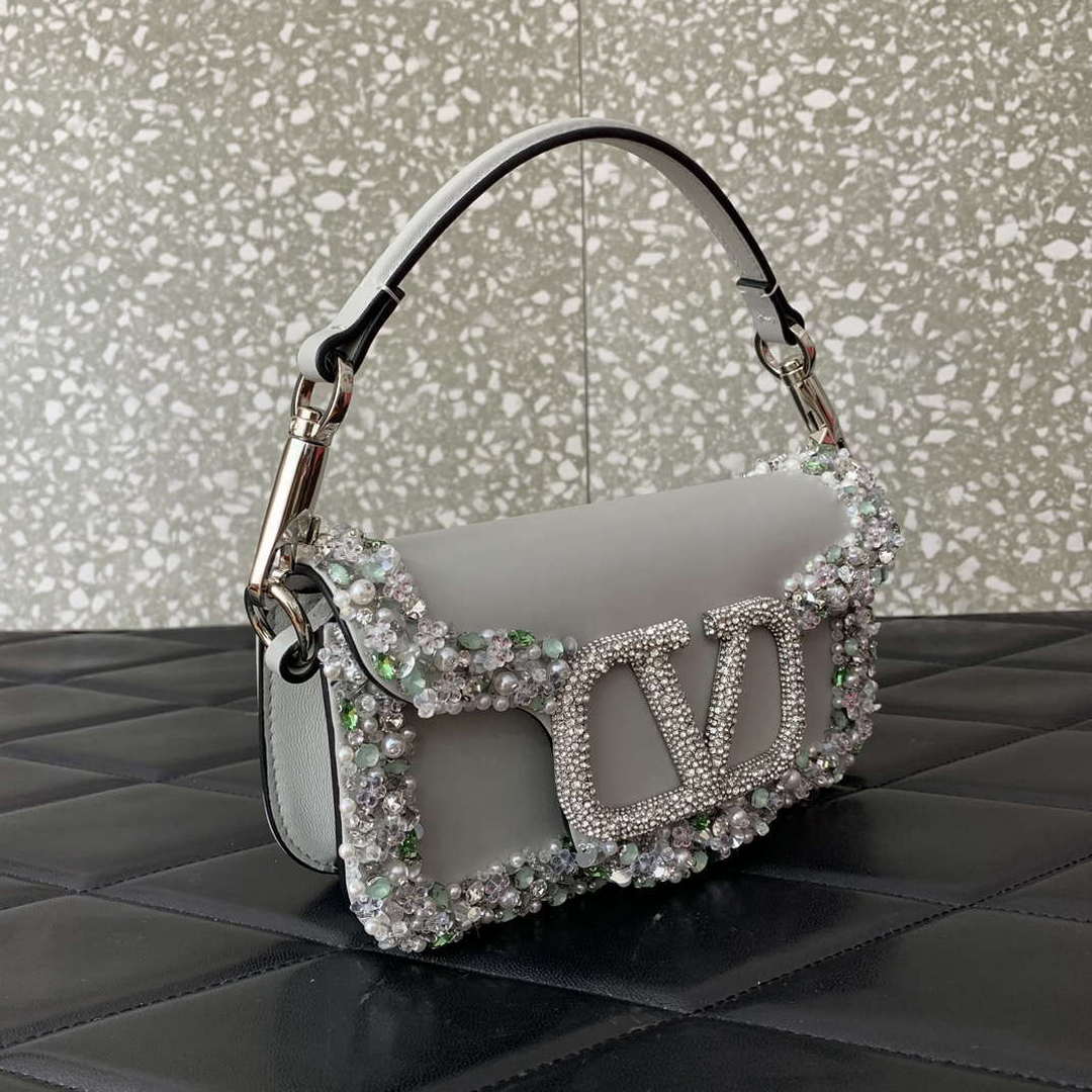 Valentino 5W2B0N86NKG_ZF7 Valentino Garavani Loc¨° Small Embroidered Shoulder Bag Gray