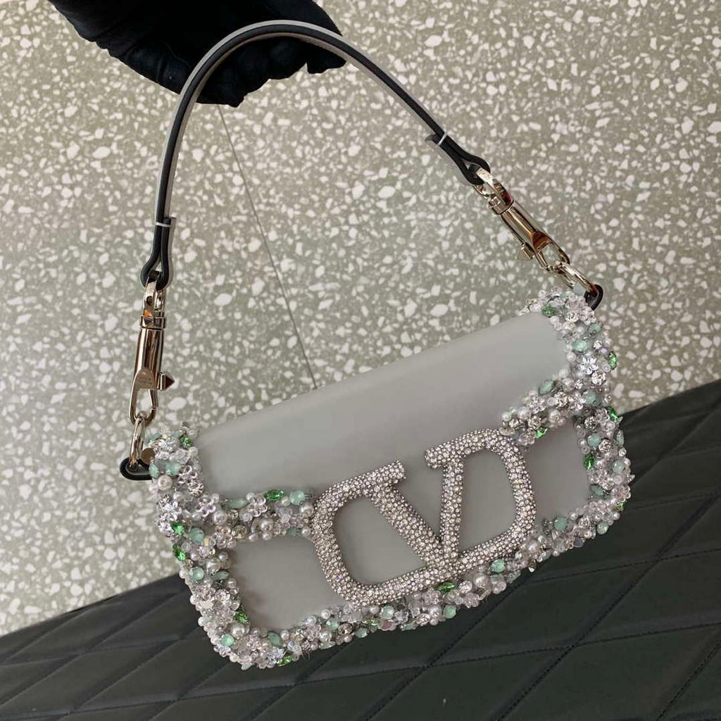 Valentino 5W2B0N86NKG_ZF7 Valentino Garavani Loc¨° Small Embroidered Shoulder Bag Gray