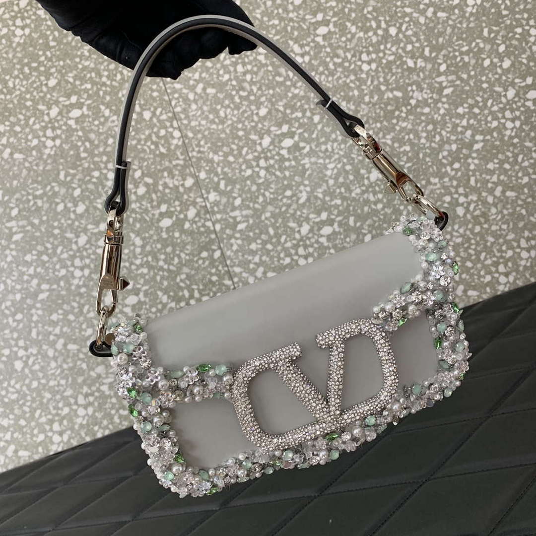 Valentino 5W2B0N86NKG_ZF7 Valentino Garavani Loc¨° Small Embroidered Shoulder Bag Gray