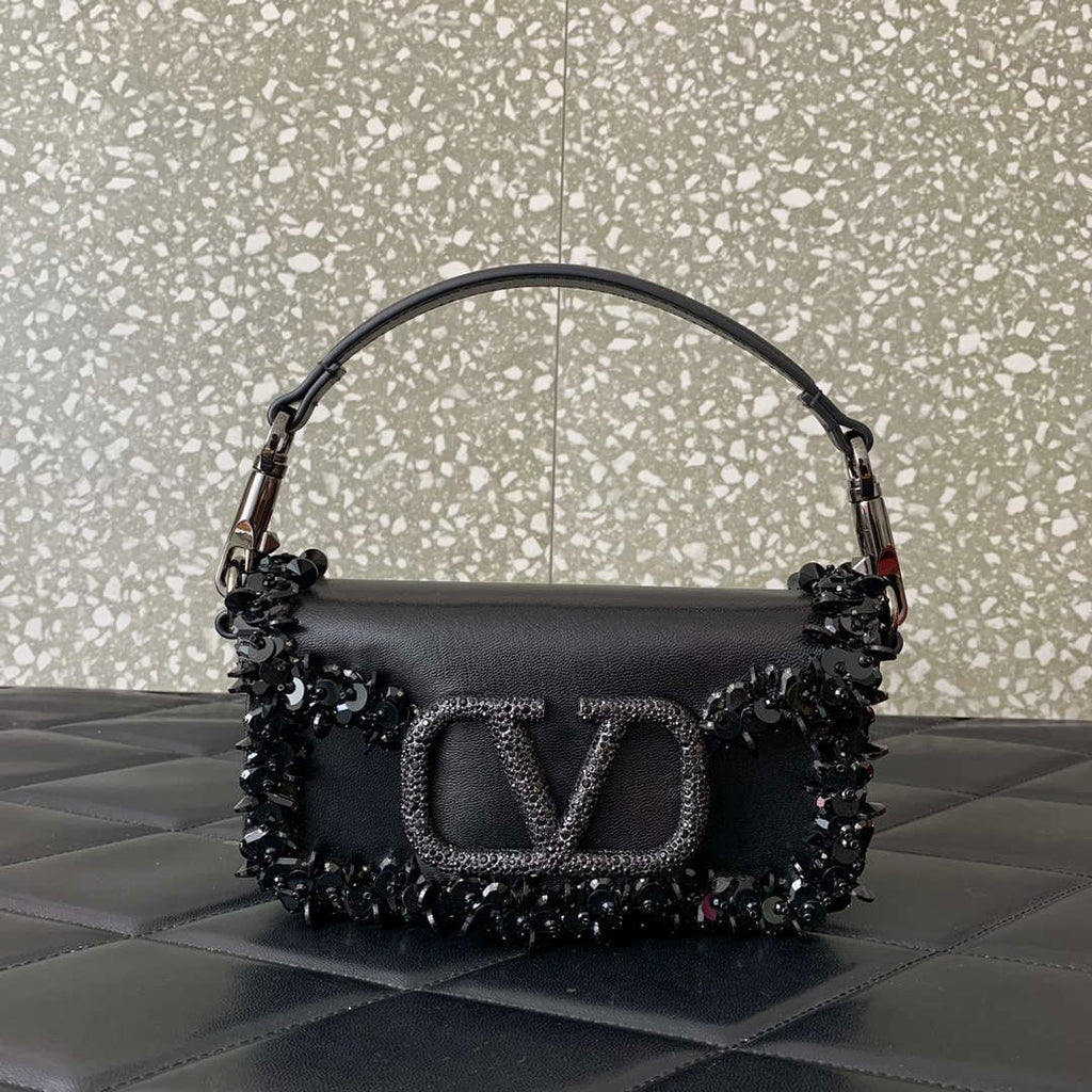 Valentino 5W2B0N86NKG_ZF7 Valentino Garavani Loc¨° Small Embroidered Shoulder Bag Black