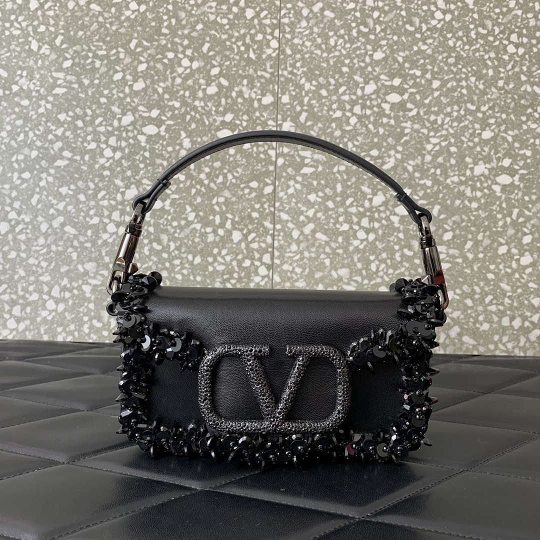Valentino 5W2B0N86NKG_ZF7 Valentino Garavani Loc¨° Small Embroidered Shoulder Bag Black