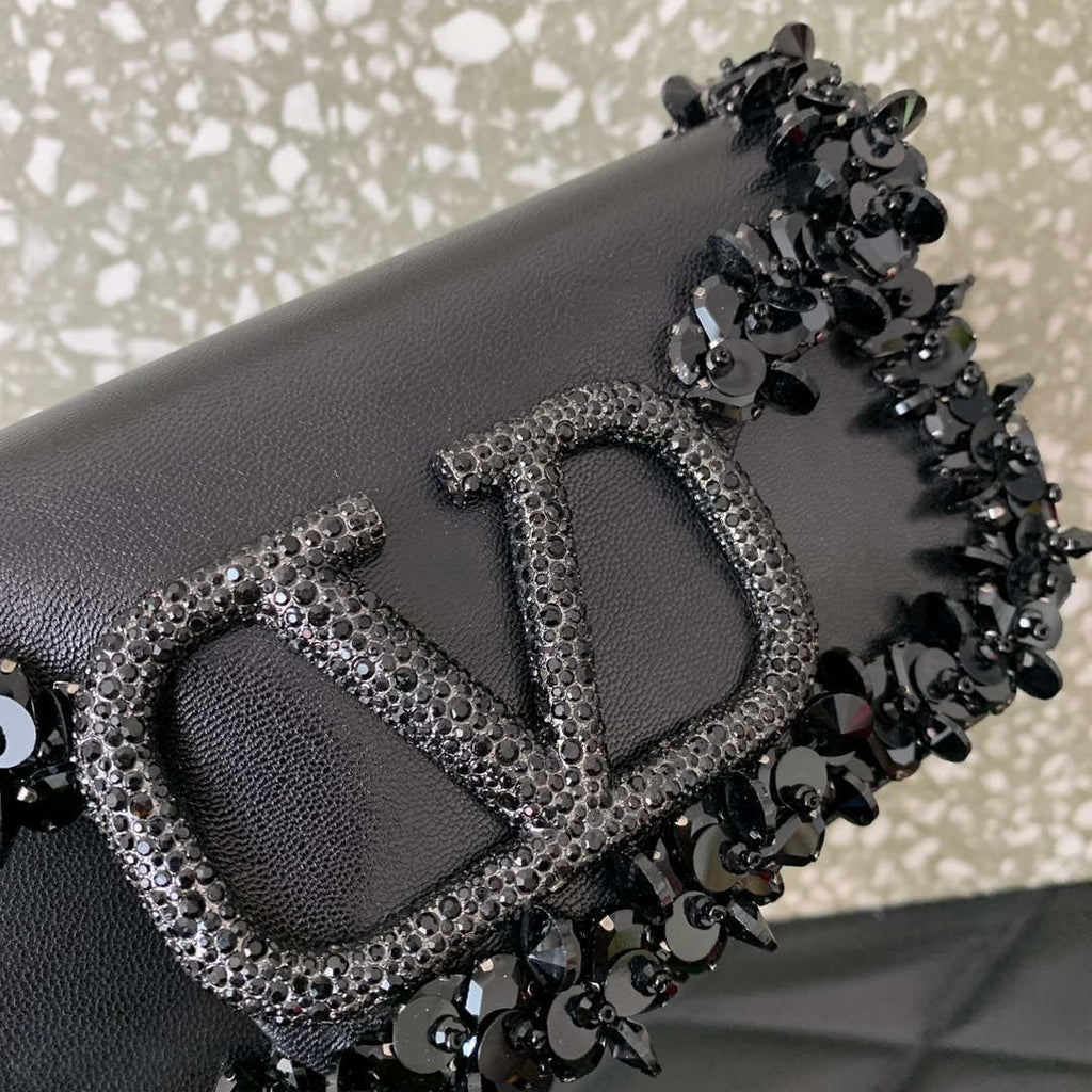 Valentino 5W2B0N86NKG_ZF7 Valentino Garavani Loc¨° Small Embroidered Shoulder Bag Black
