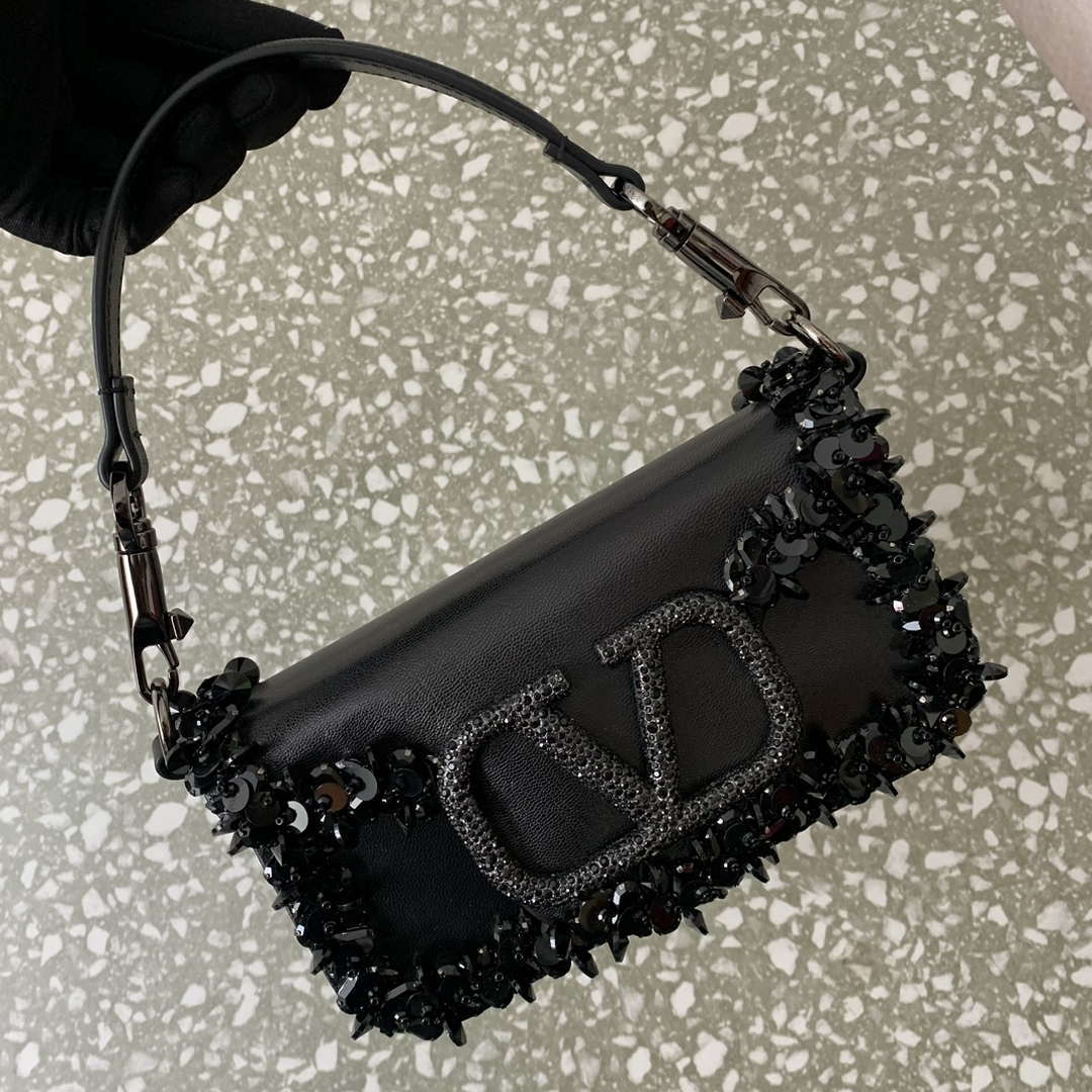 Valentino 5W2B0N86NKG_ZF7 Valentino Garavani Loc¨° Small Embroidered Shoulder Bag Black