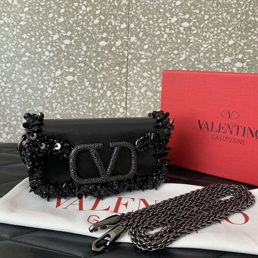 Valentino 5W2B0N86NKG_ZF7 Valentino Garavani Loc¨° Small Embroidered Shoulder Bag Black