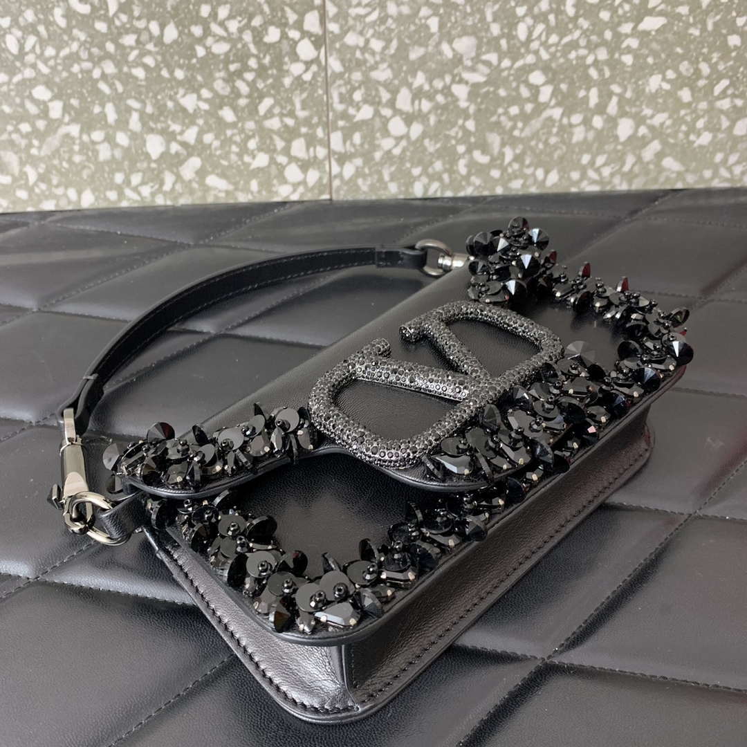 Valentino 5W2B0N86NKG_ZF7 Valentino Garavani Loc¨° Small Embroidered Shoulder Bag Black