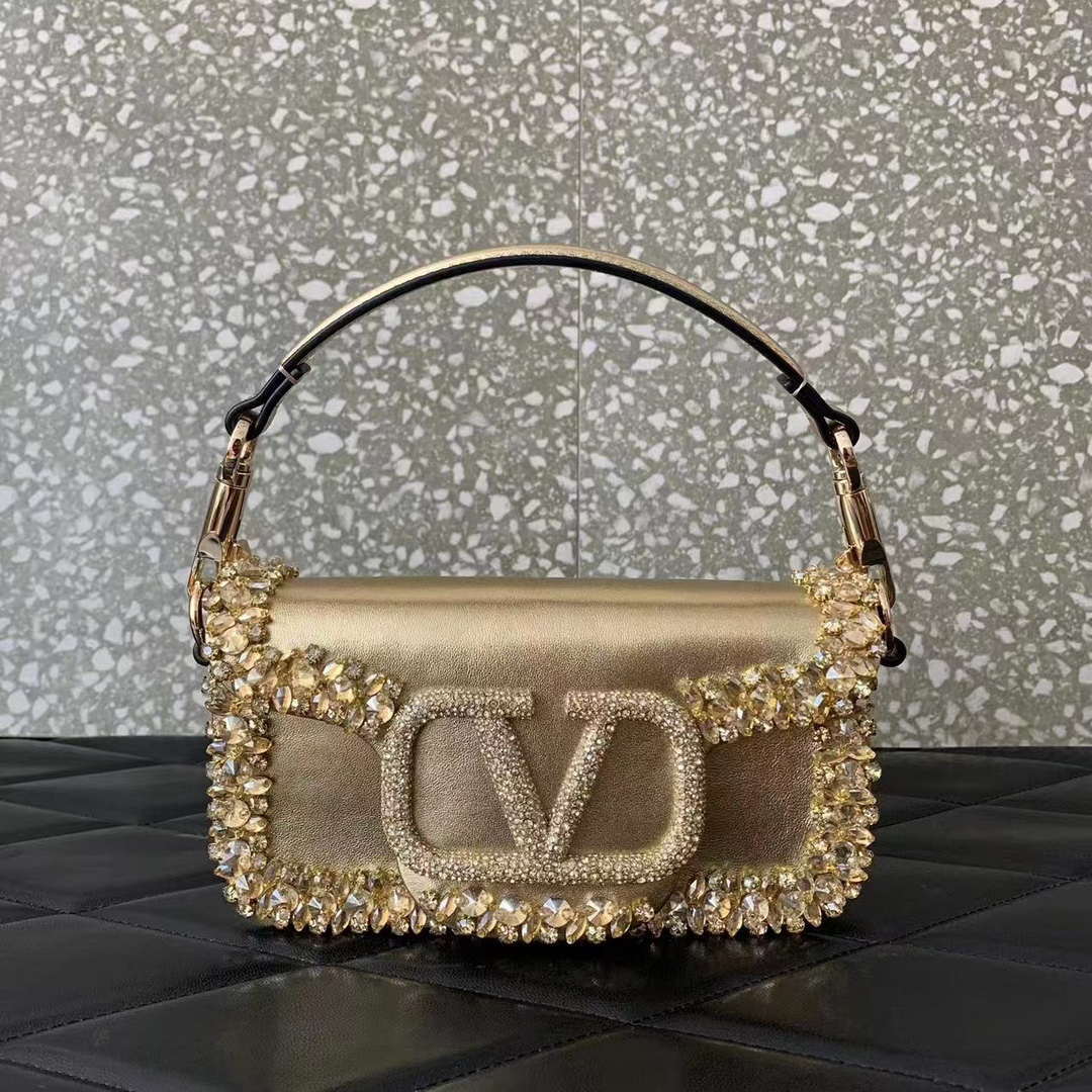 Valentino 5W2B0N86NKG_ZF7 Valentino Garavani Loc¨° Small Embroidered Shoulder Bag Gold