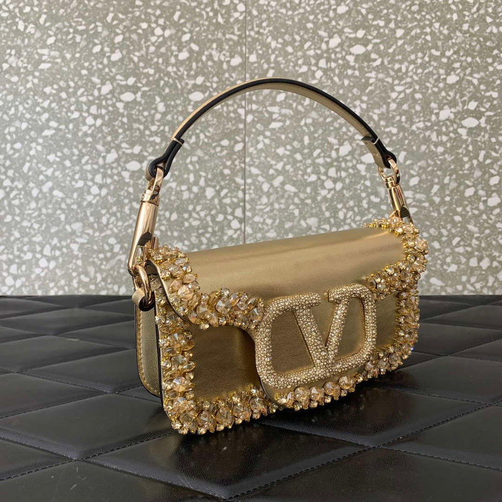 Valentino 5W2B0N86NKG_ZF7 Valentino Garavani Loc¨° Small Embroidered Shoulder Bag Gold