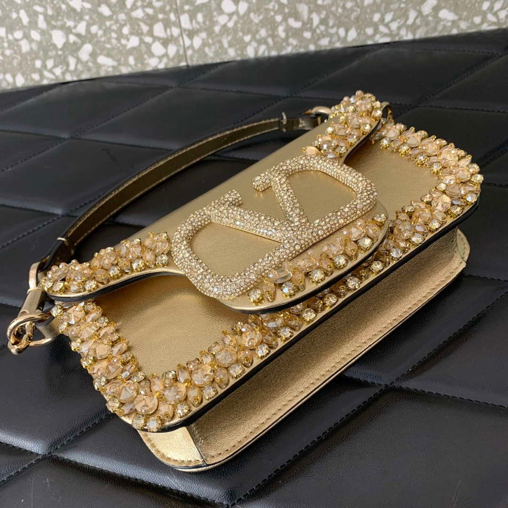 Valentino 5W2B0N86NKG_ZF7 Valentino Garavani Loc¨° Small Embroidered Shoulder Bag Gold