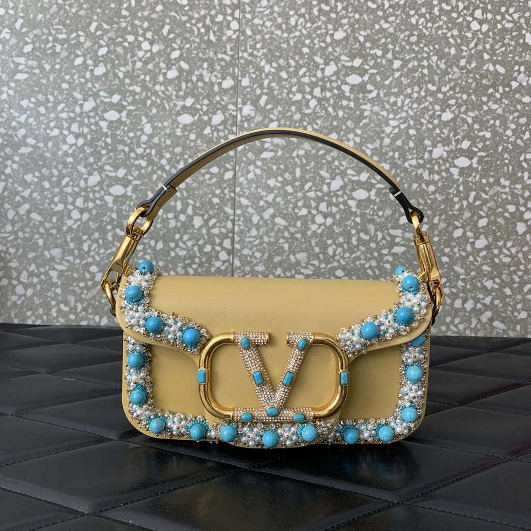Valentino 5W2B0N86NKG_ZF7 Valentino Garavani Loc¨° Small Embroidered Shoulder Bag Yellow