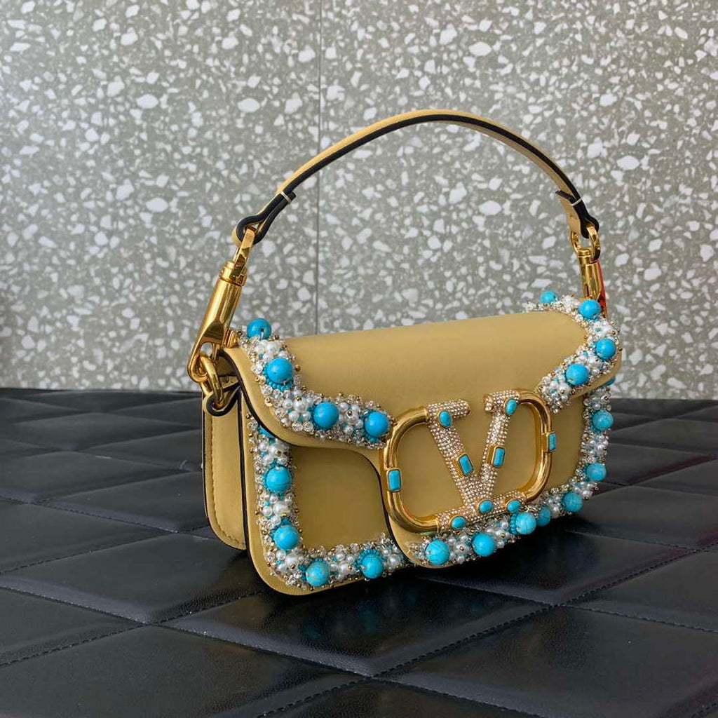 Valentino 5W2B0N86NKG_ZF7 Valentino Garavani Loc¨° Small Embroidered Shoulder Bag Yellow