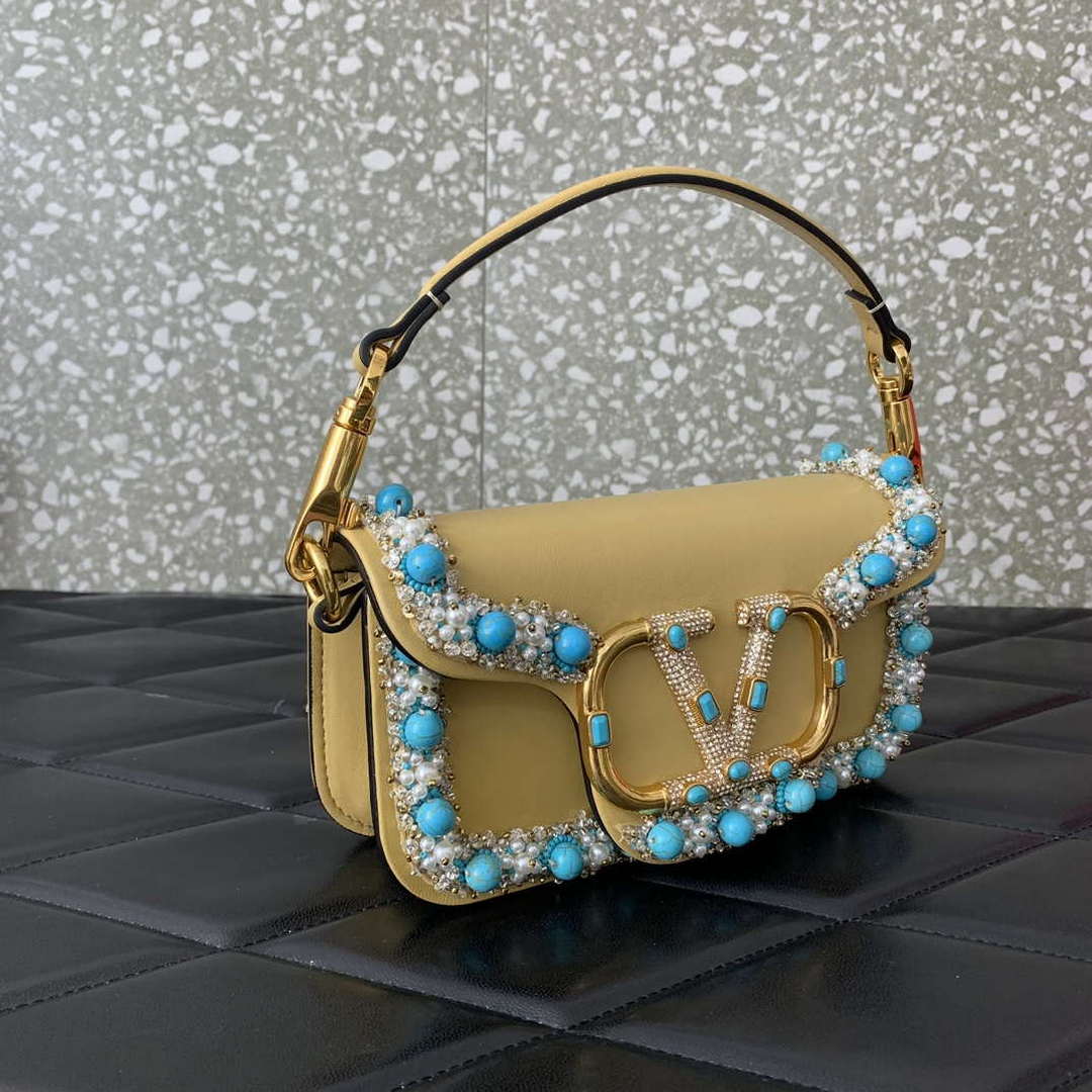 Valentino 5W2B0N86NKG_ZF7 Valentino Garavani Loc¨° Small Embroidered Shoulder Bag Yellow