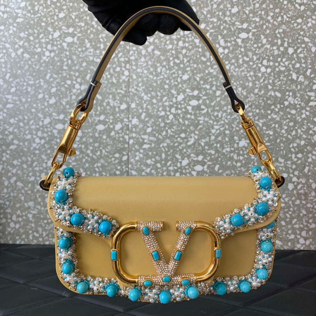 Valentino 5W2B0N86NKG_ZF7 Valentino Garavani Loc¨° Small Embroidered Shoulder Bag Yellow
