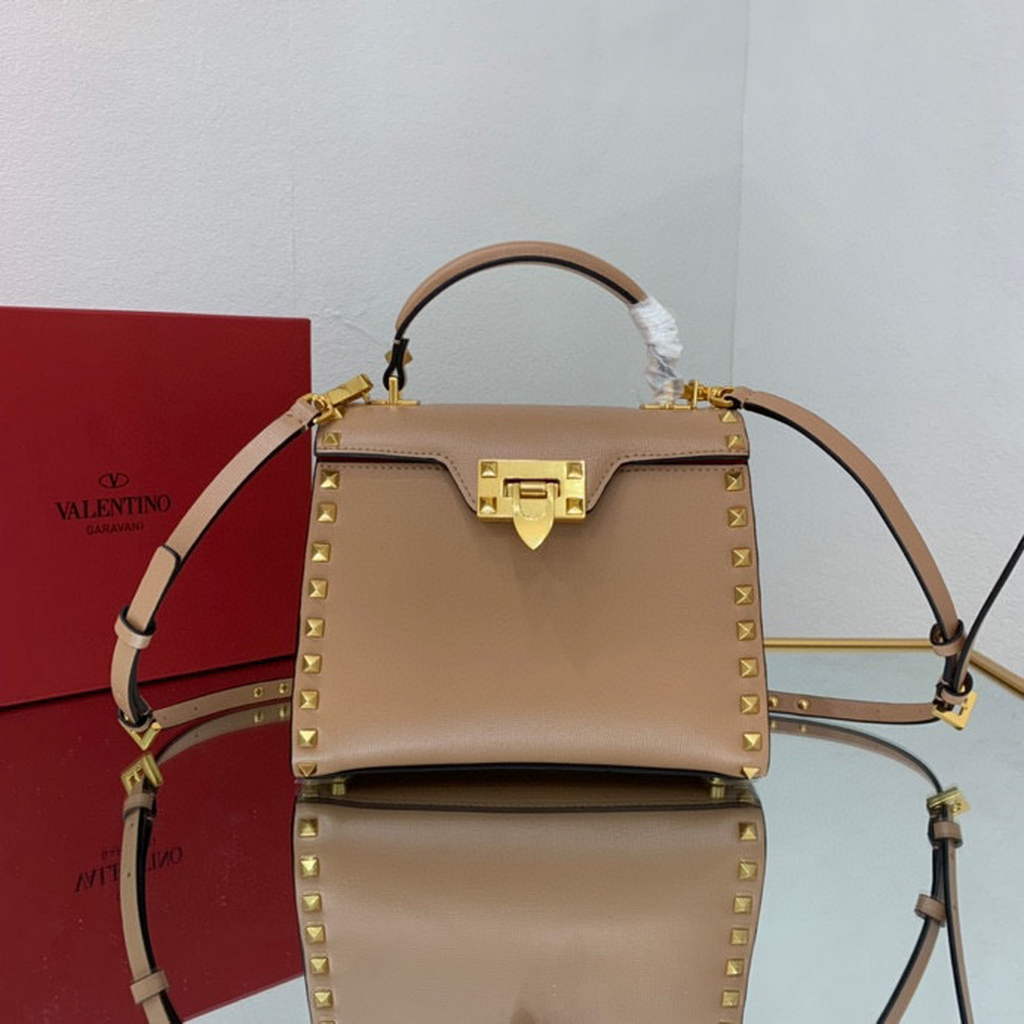 Valentino 71000 Small Rockstud Alcove Handbag In Grainy Calfskin XW2B0J71 Apricot