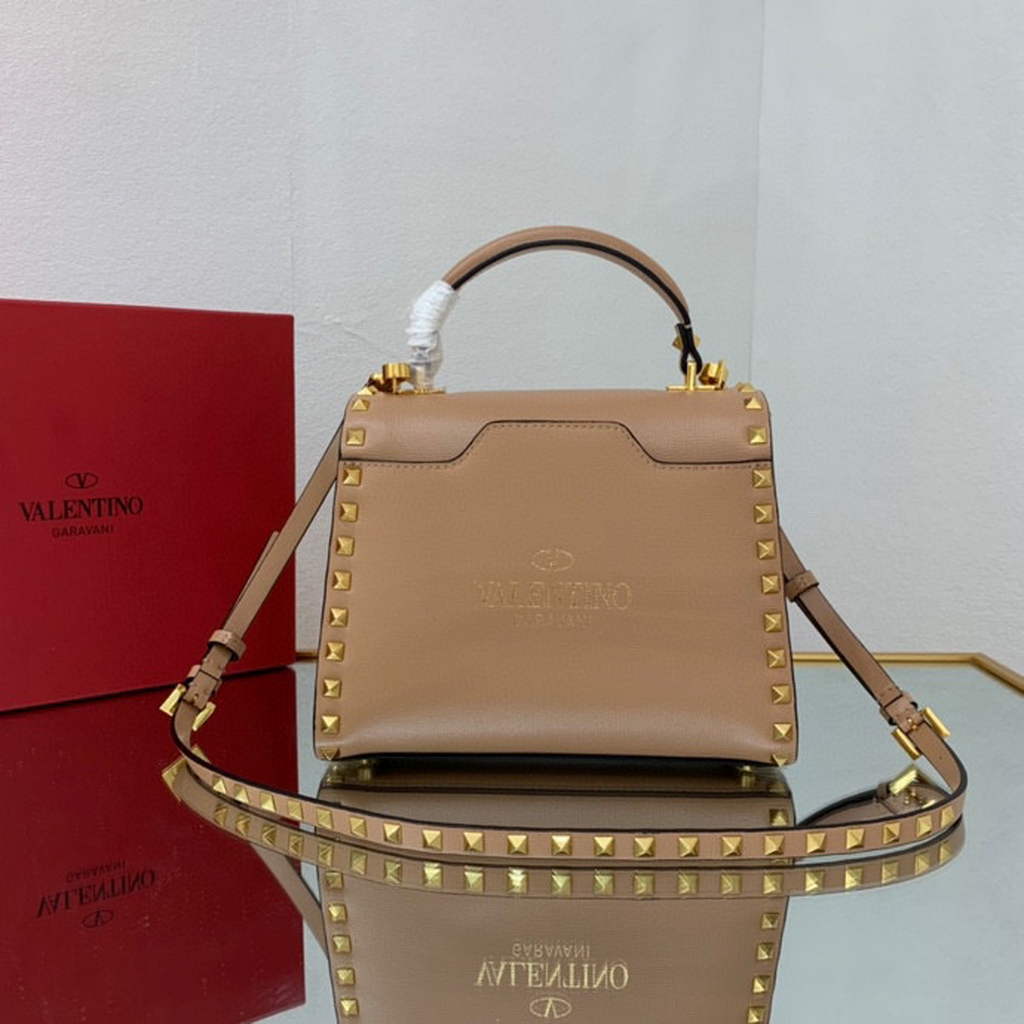 Valentino 71000 Small Rockstud Alcove Handbag In Grainy Calfskin XW2B0J71 Apricot