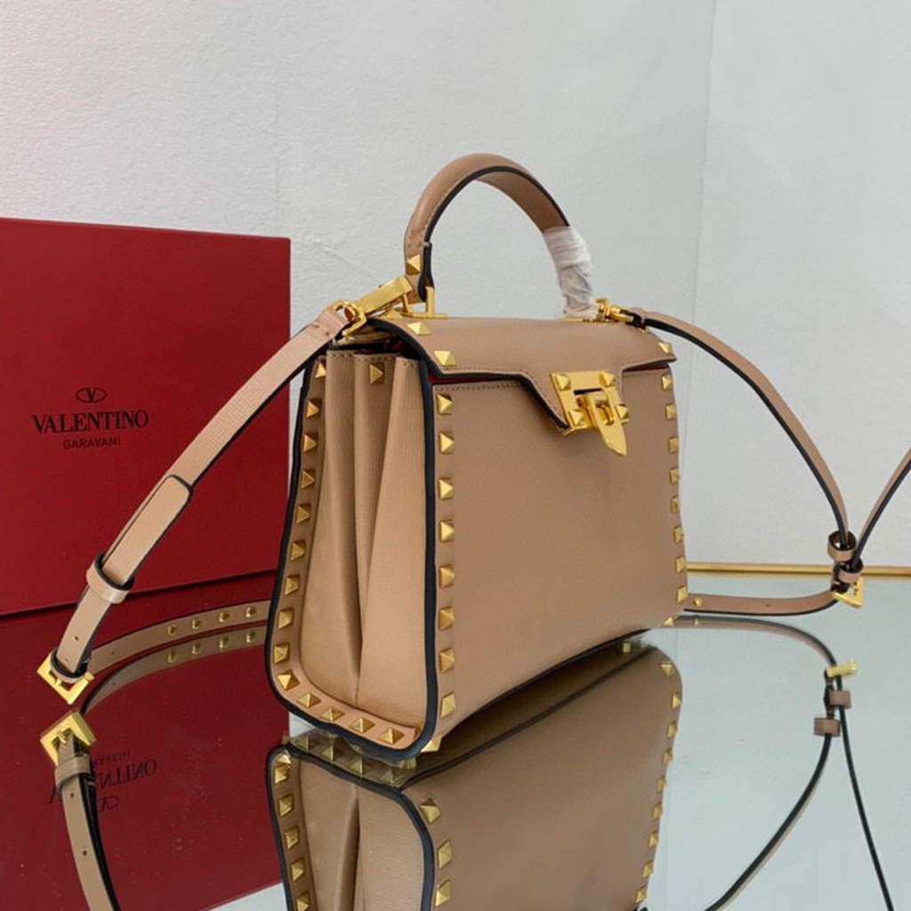 Valentino 71000 Small Rockstud Alcove Handbag In Grainy Calfskin XW2B0J71 Apricot