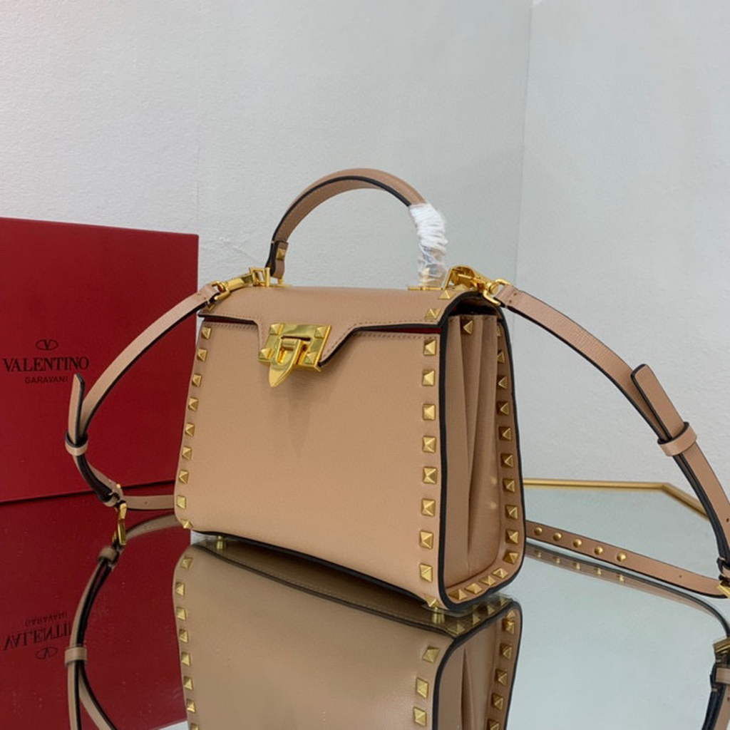 Valentino 71000 Small Rockstud Alcove Handbag In Grainy Calfskin XW2B0J71 Apricot