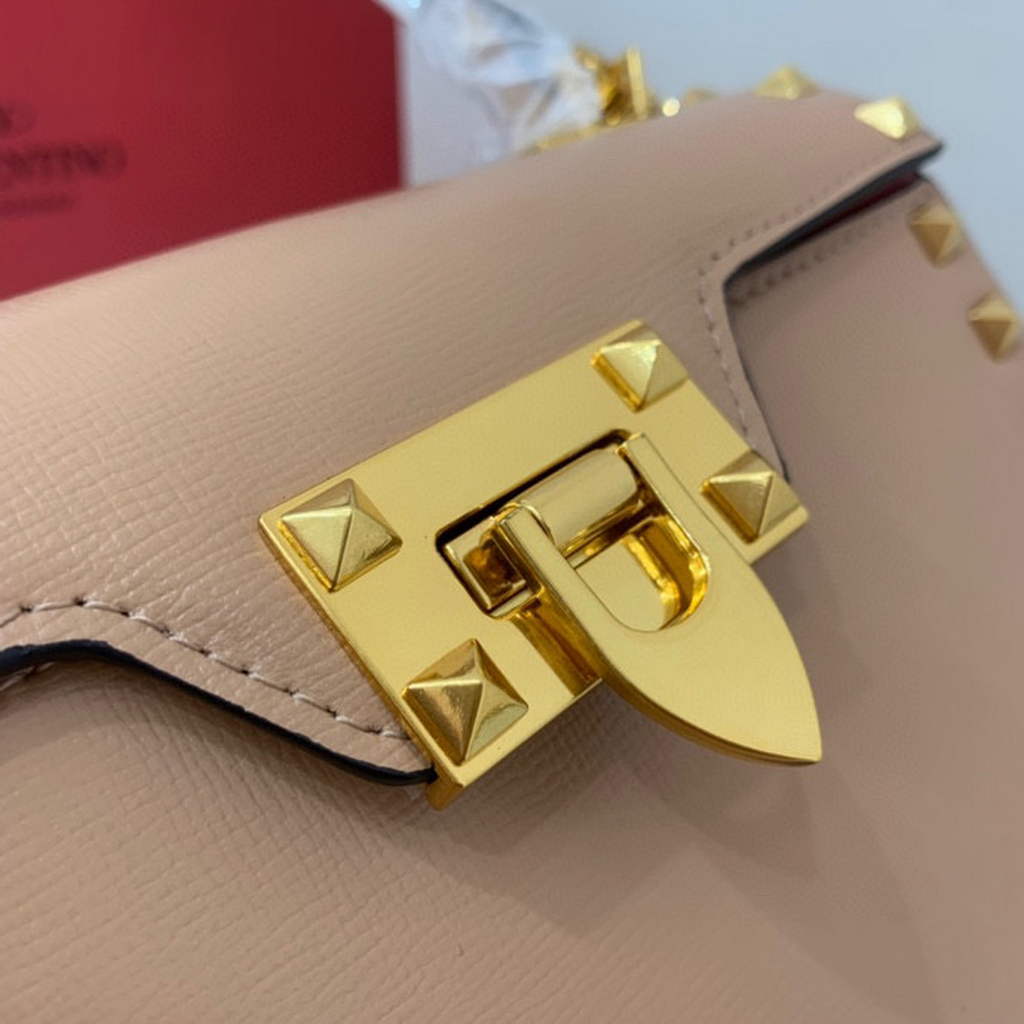 Valentino 71000 Small Rockstud Alcove Handbag In Grainy Calfskin XW2B0J71 Apricot