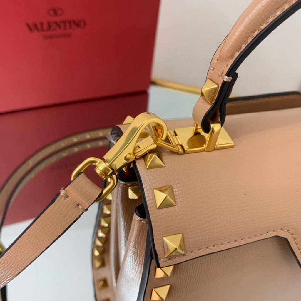 Valentino 71000 Small Rockstud Alcove Handbag In Grainy Calfskin XW2B0J71 Apricot