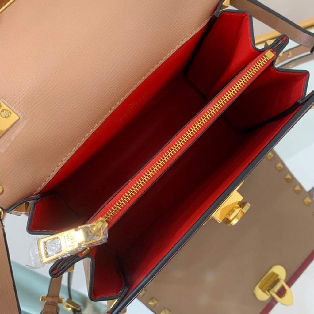 Valentino 71000 Small Rockstud Alcove Handbag In Grainy Calfskin XW2B0J71 Apricot