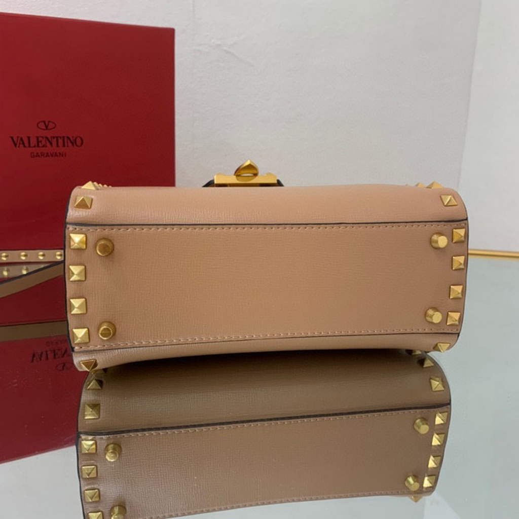 Valentino 71000 Small Rockstud Alcove Handbag In Grainy Calfskin XW2B0J71 Apricot
