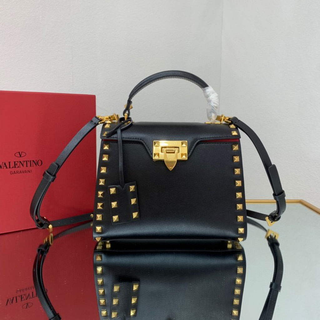 Valentino 71000 Small Rockstud Alcove Handbag In Grainy Calfskin  XW2B0J71 Black
