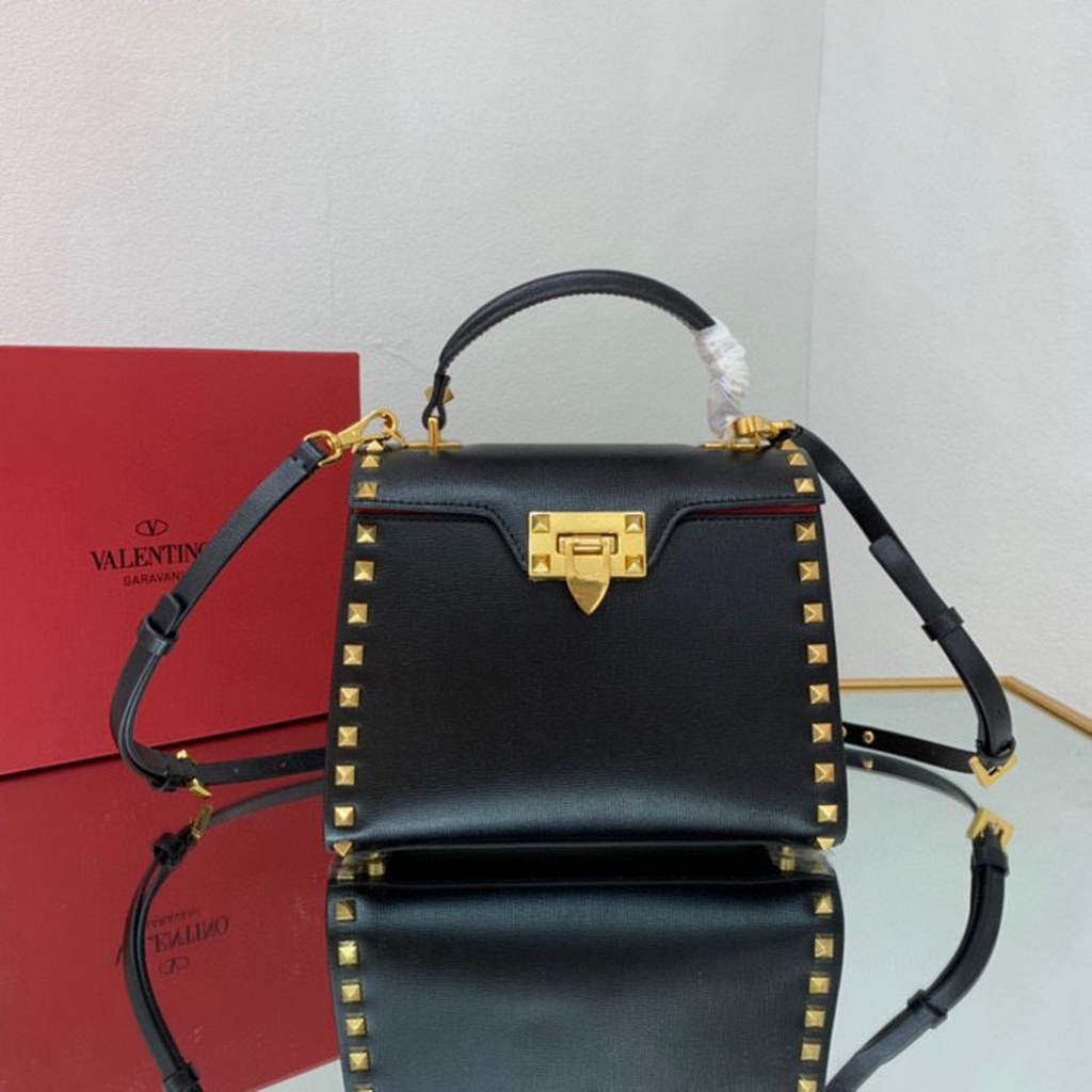 Valentino 71000 Small Rockstud Alcove Handbag In Grainy Calfskin  XW2B0J71 Black