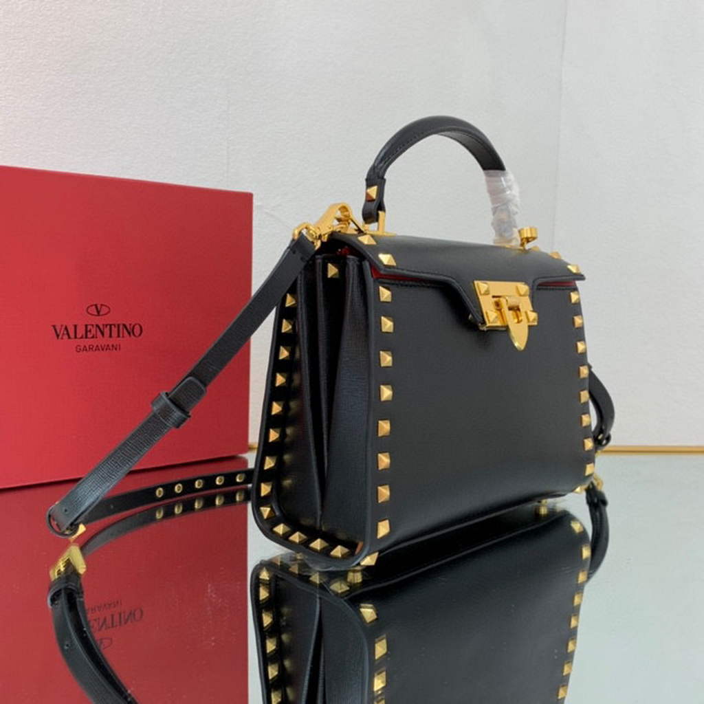 Valentino 71000 Small Rockstud Alcove Handbag In Grainy Calfskin  XW2B0J71 Black