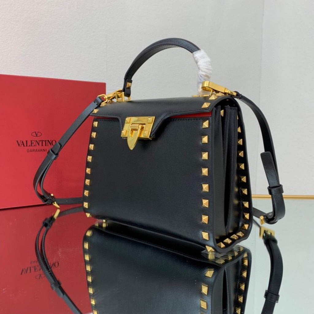 Valentino 71000 Small Rockstud Alcove Handbag In Grainy Calfskin  XW2B0J71 Black