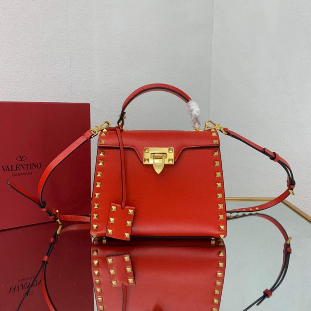 Valentino 71000 Small Rockstud Alcove Handbag In Grainy Calfskin  XW2B0J71 Red
