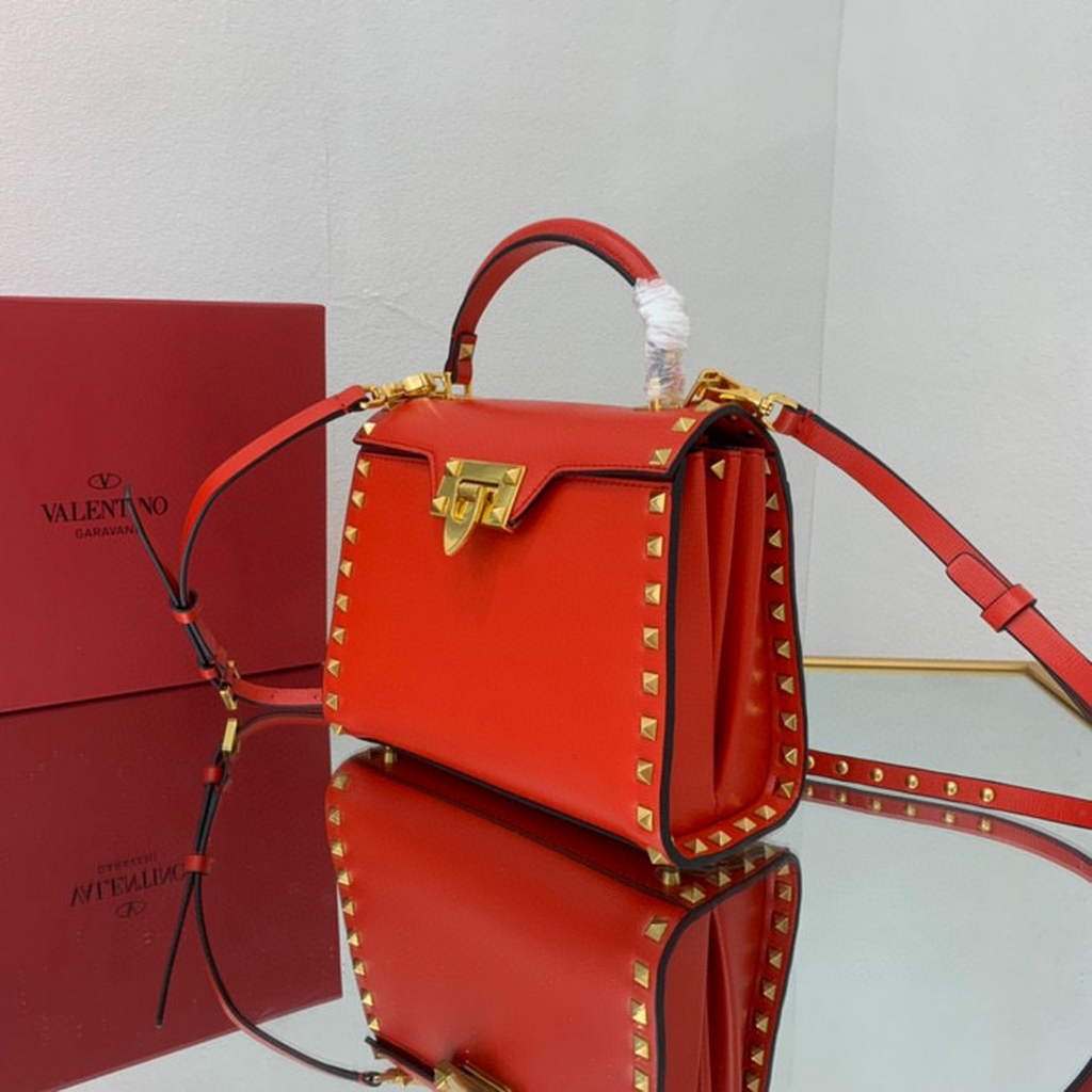 Valentino 71000 Small Rockstud Alcove Handbag In Grainy Calfskin  XW2B0J71 Red