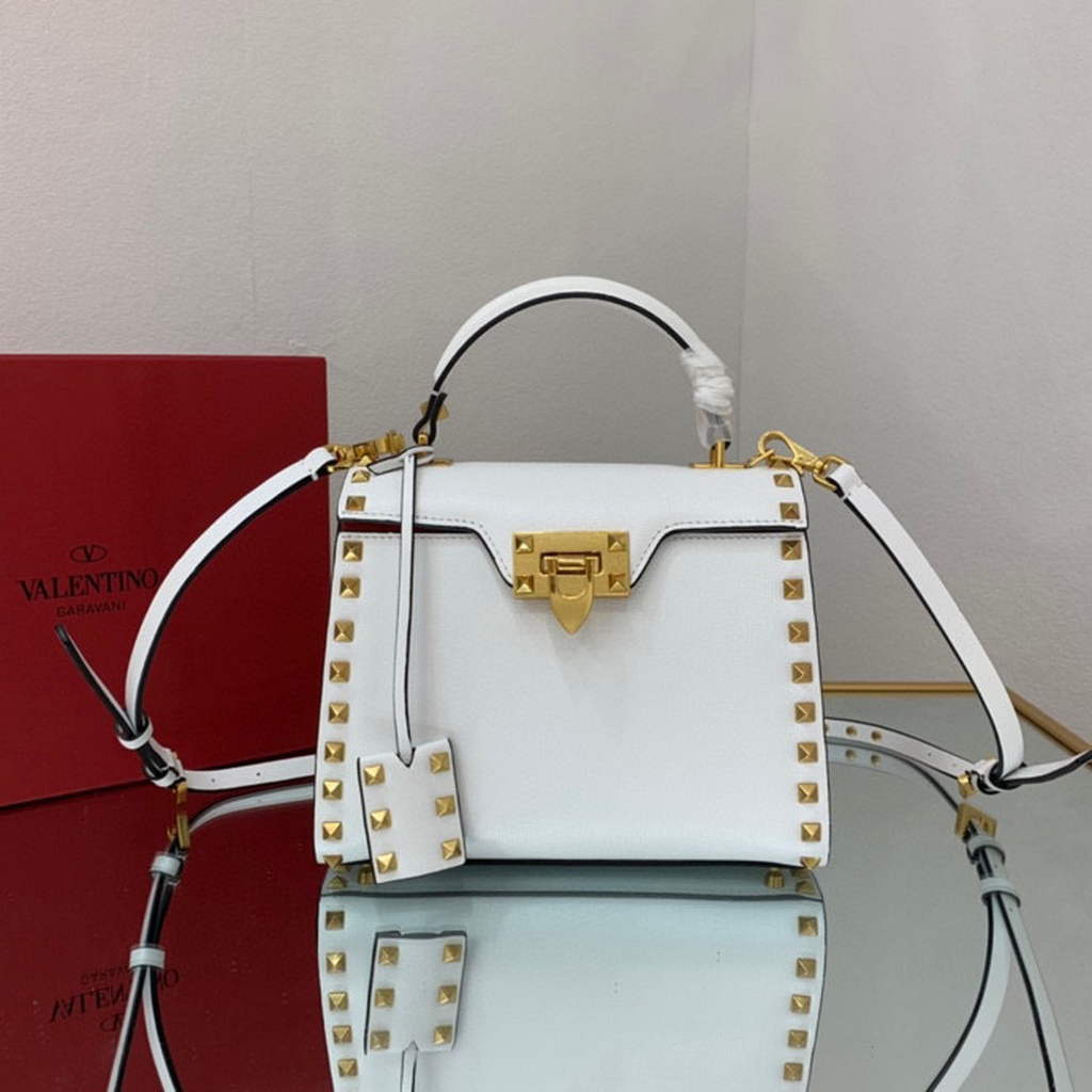 Valentino 71000 Small Rockstud Alcove Handbag In Grainy Calfskin  XW2B0J71 White